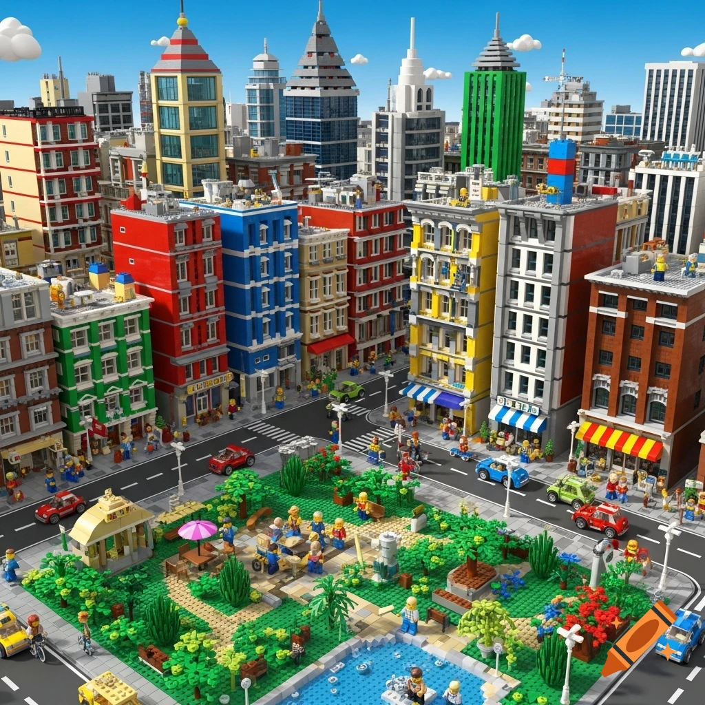 An aerial view of a vibrant, detailed Lego city with colorful buildings, a park, roads, vehicles, and numerous Lego minifigures.
