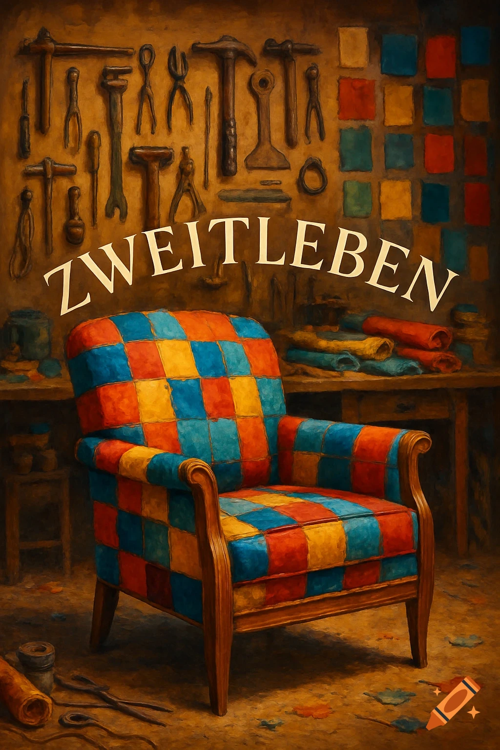 A colorful, checkered armchair sits in a painterly workshop scene with tools on the wall and the word 'ZWEITLEBEN'.