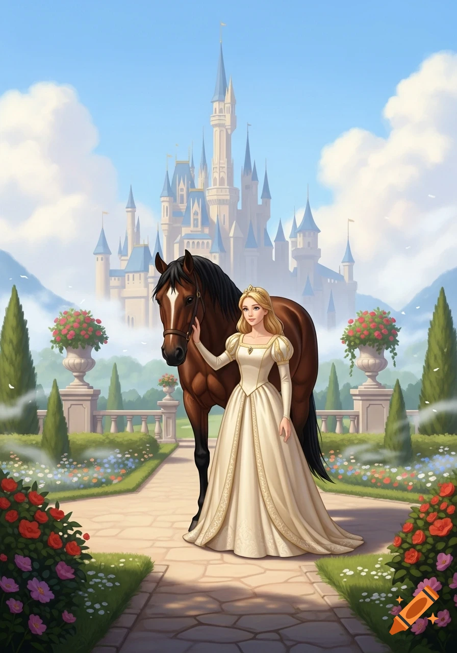 An illustrated princess in a cream gown stands with a brown horse on a garden path, a grand castle in the background.