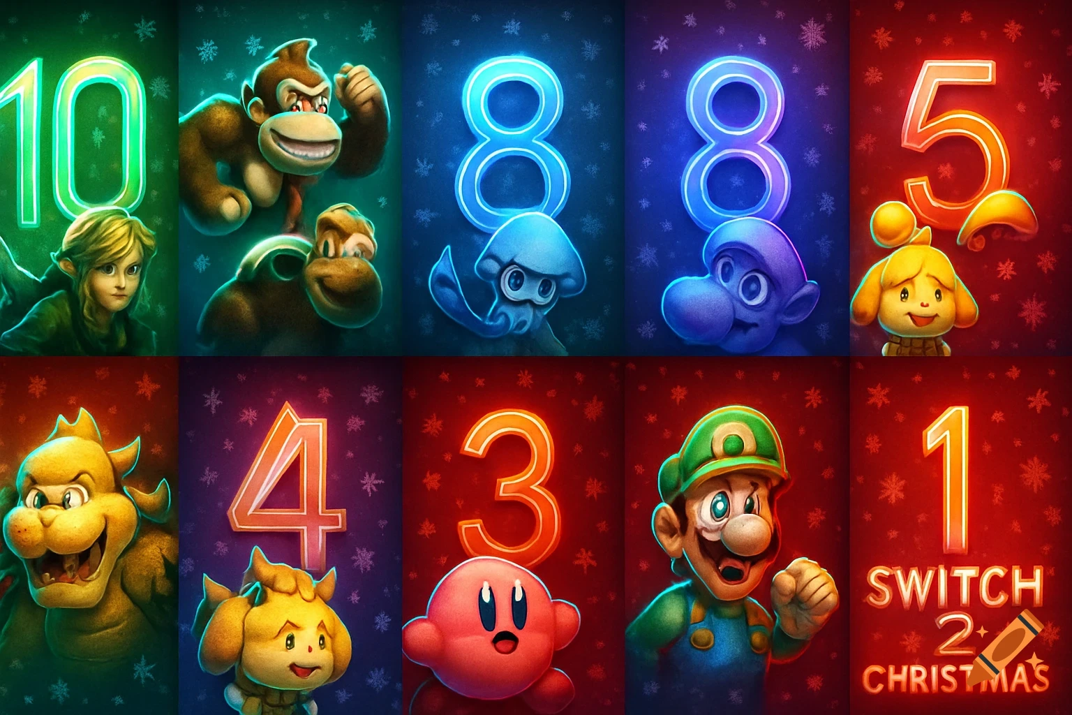 An advent calendar featuring ten panels, each with a number countdown from 10 to 1 and a Nintendo character. The final panel shows Luigi with 'SWITCH 2 CHRISTMAS' text.
