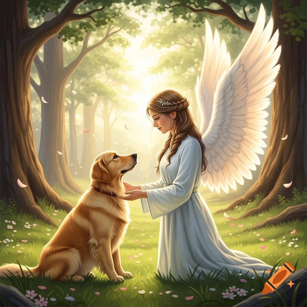 An angel in a white gown kneels to pet a golden retriever in a magical, sunlit forest with falling petals, digital art.