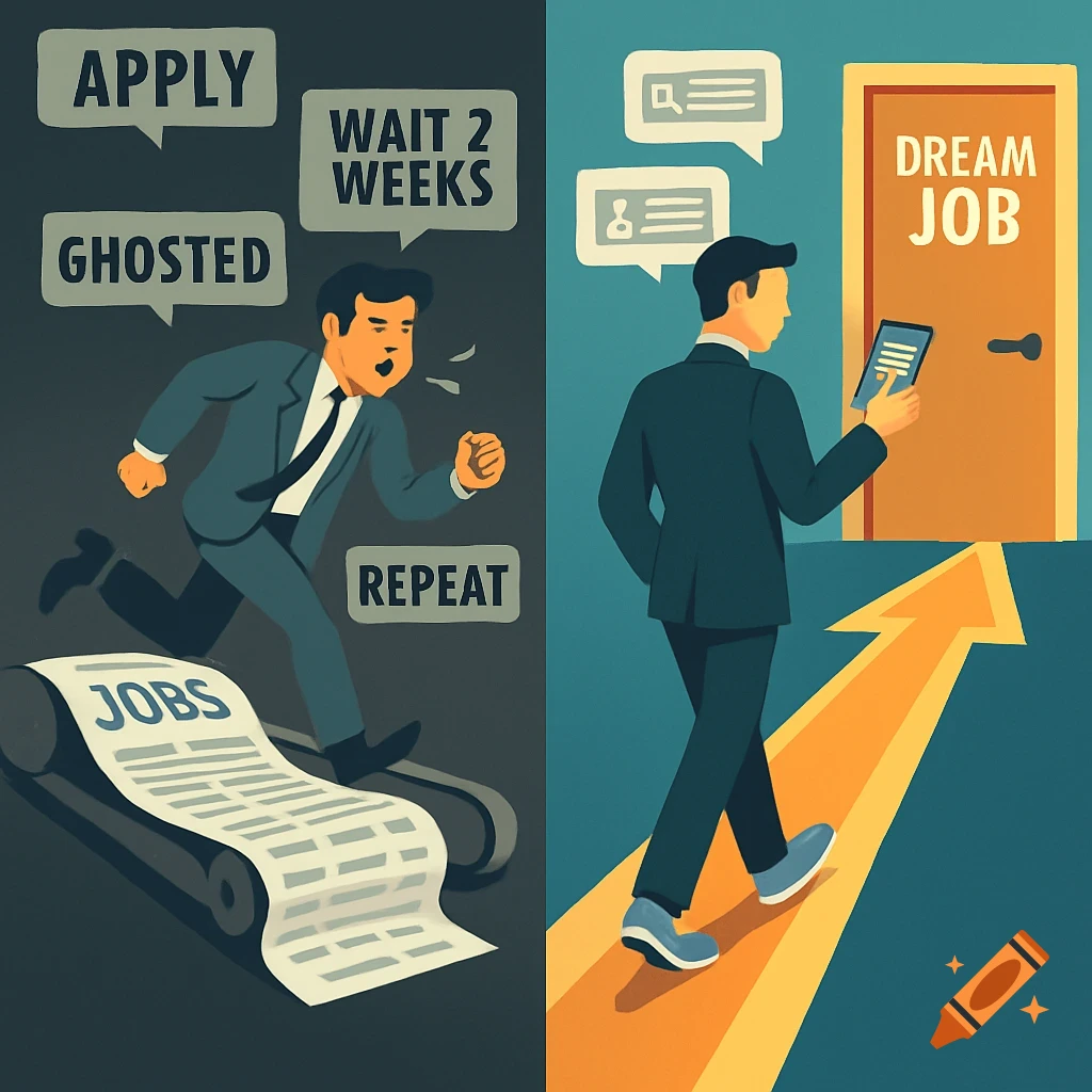 A split image contrasting job searching. Left: A stressed man runs on a treadmill of job listings with signs like 'Apply', 'Ghosted'. Right: A calm man walks on a bright arrow towards a 'Dream Job' door while looking at a smartphone, in a flat vector style.