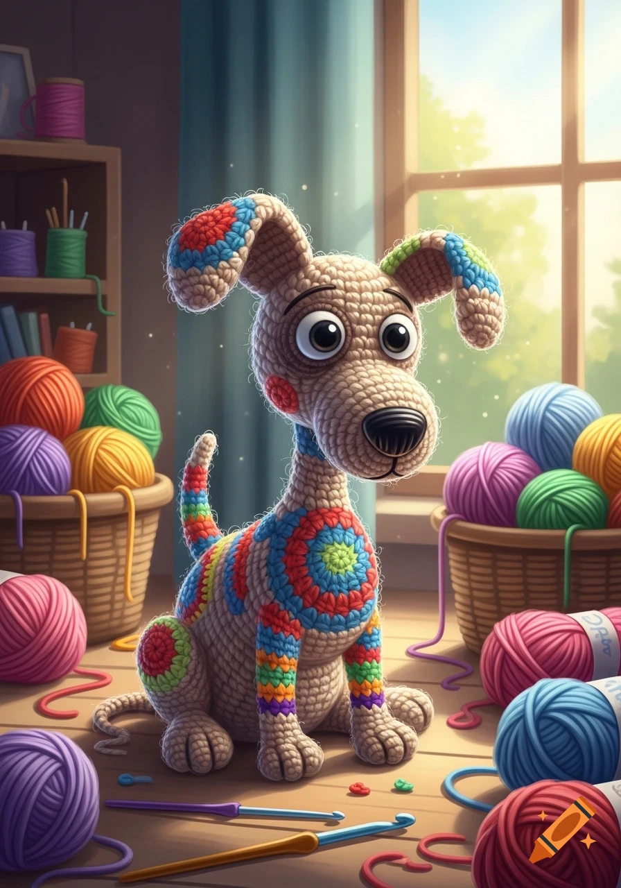 A colorful, oddly shaped crochet dog with large eyes sits surrounded by yarn balls and crochet hooks in a sunny room.