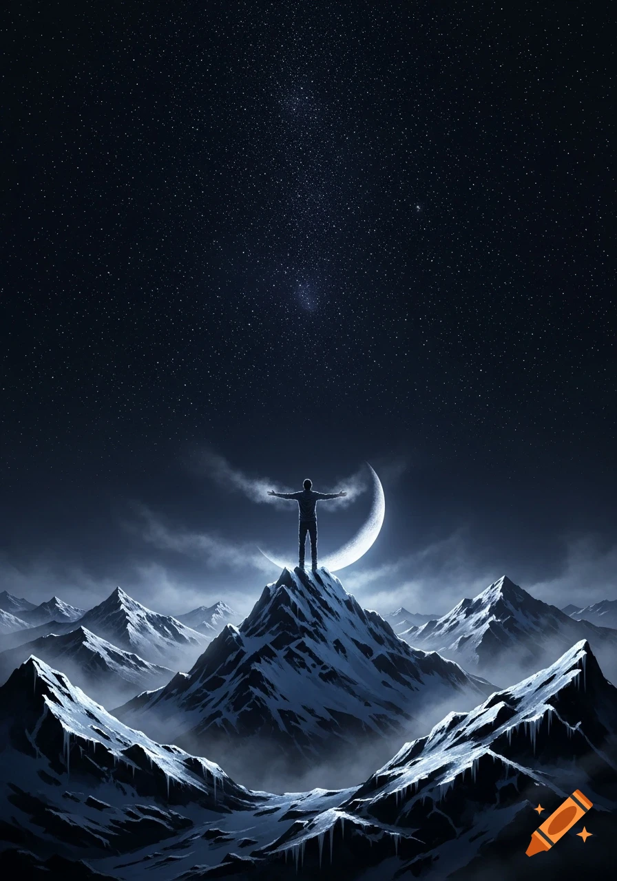 A lone figure stands on a snow-covered mountain peak with arms outstretched, facing a crescent moon in a vast, star-filled night sky. Digital art.