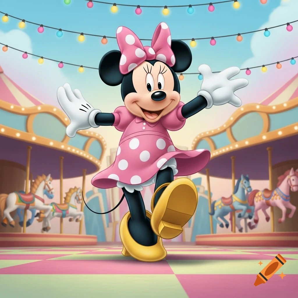 Minnie Mouse in a pink polka dot dress dances happily at a brightly lit carnival with a carousel behind her.
