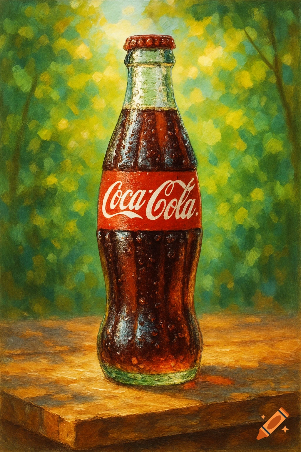A cold Coca-Cola bottle with condensation, on a wooden surface, painted in an impressionistic style with a blurry green background.