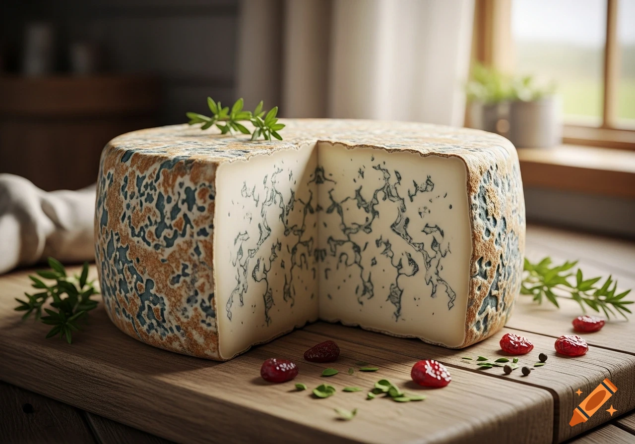 Photorealistic blue cheese wheel with a slice cut out, on a wooden board with herbs and red berries.