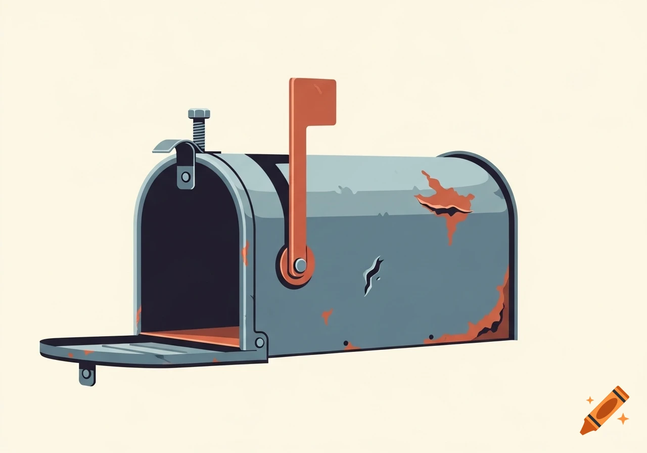 A stylized illustration of a dented and rusty gray mailbox with its door open and red flag raised, on a light background.