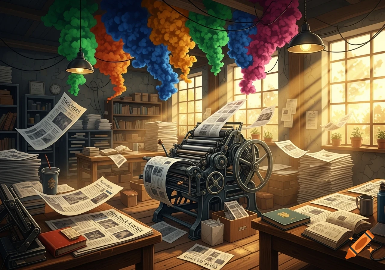 A vintage printing press in a sunlit workshop, surrounded by stacks of paper and flying newspapers. Colorful smoke plumes rise from the ceiling.