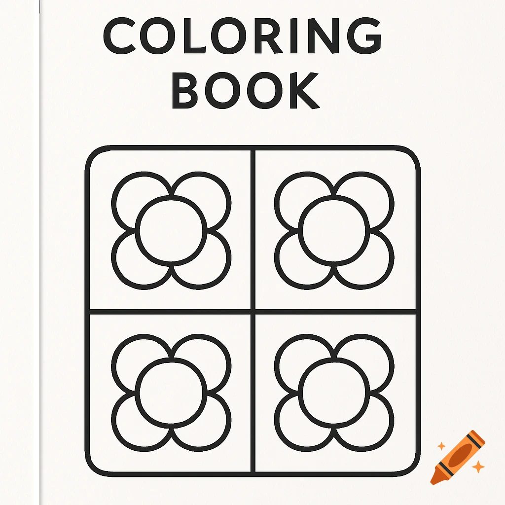 Minimalist coloring book cover with the words "COLORING BOOK" and a grid of four simple Barcelona flower tile patterns.