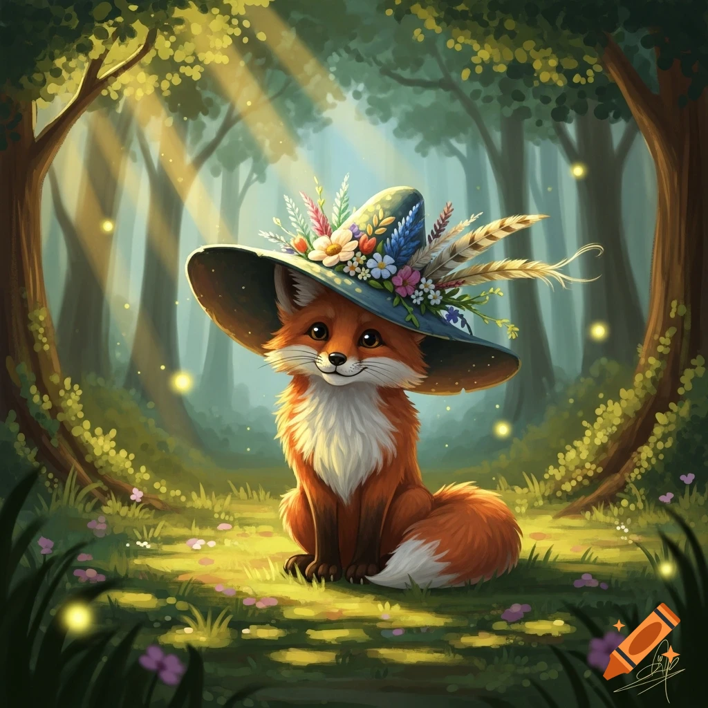 A cute, stylized fox wearing a large hat adorned with flowers and feathers, sitting in a magical, sunlit forest.