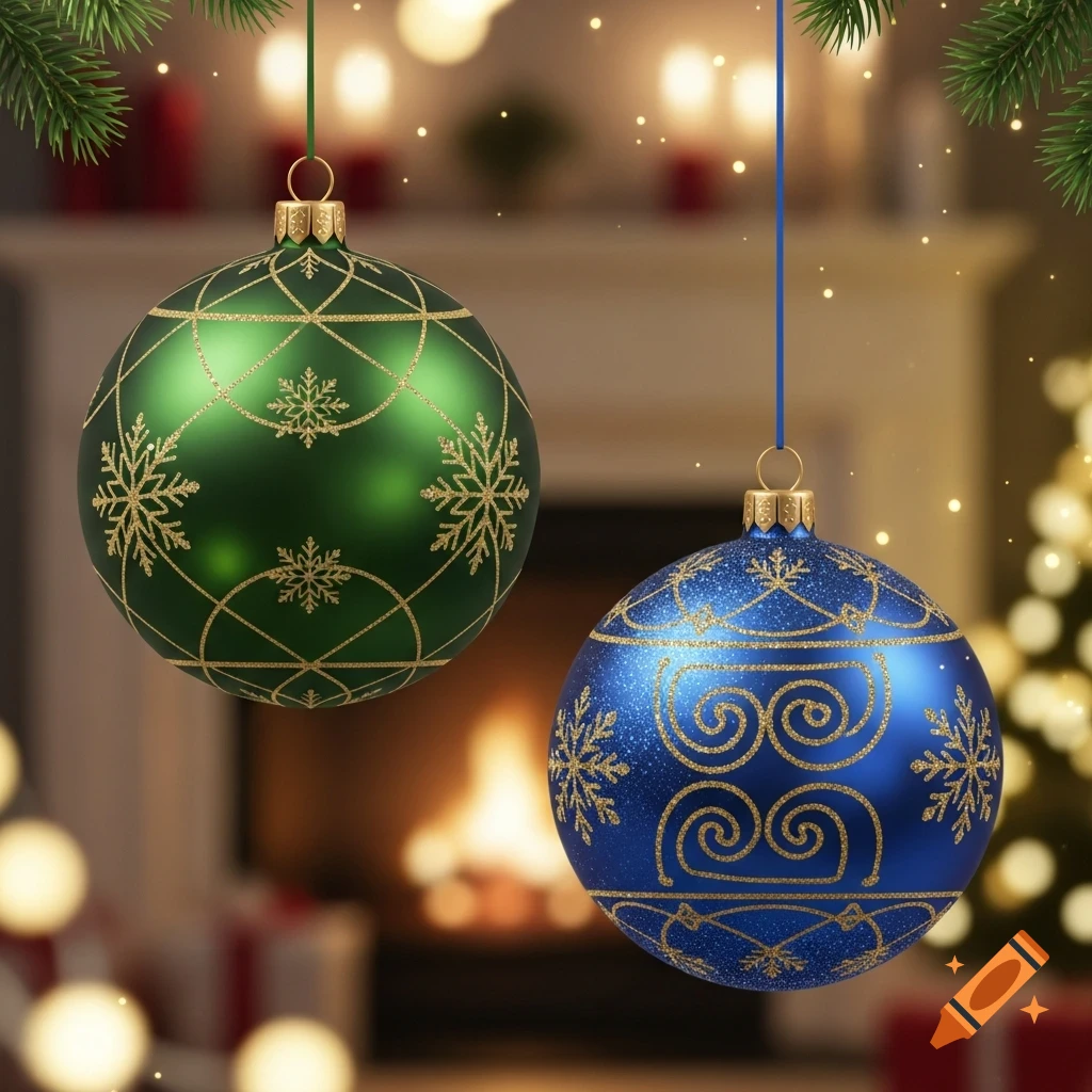 A green and a blue Christmas ornament with golden snowflake and swirl designs hang in front of a blurred fireplace.