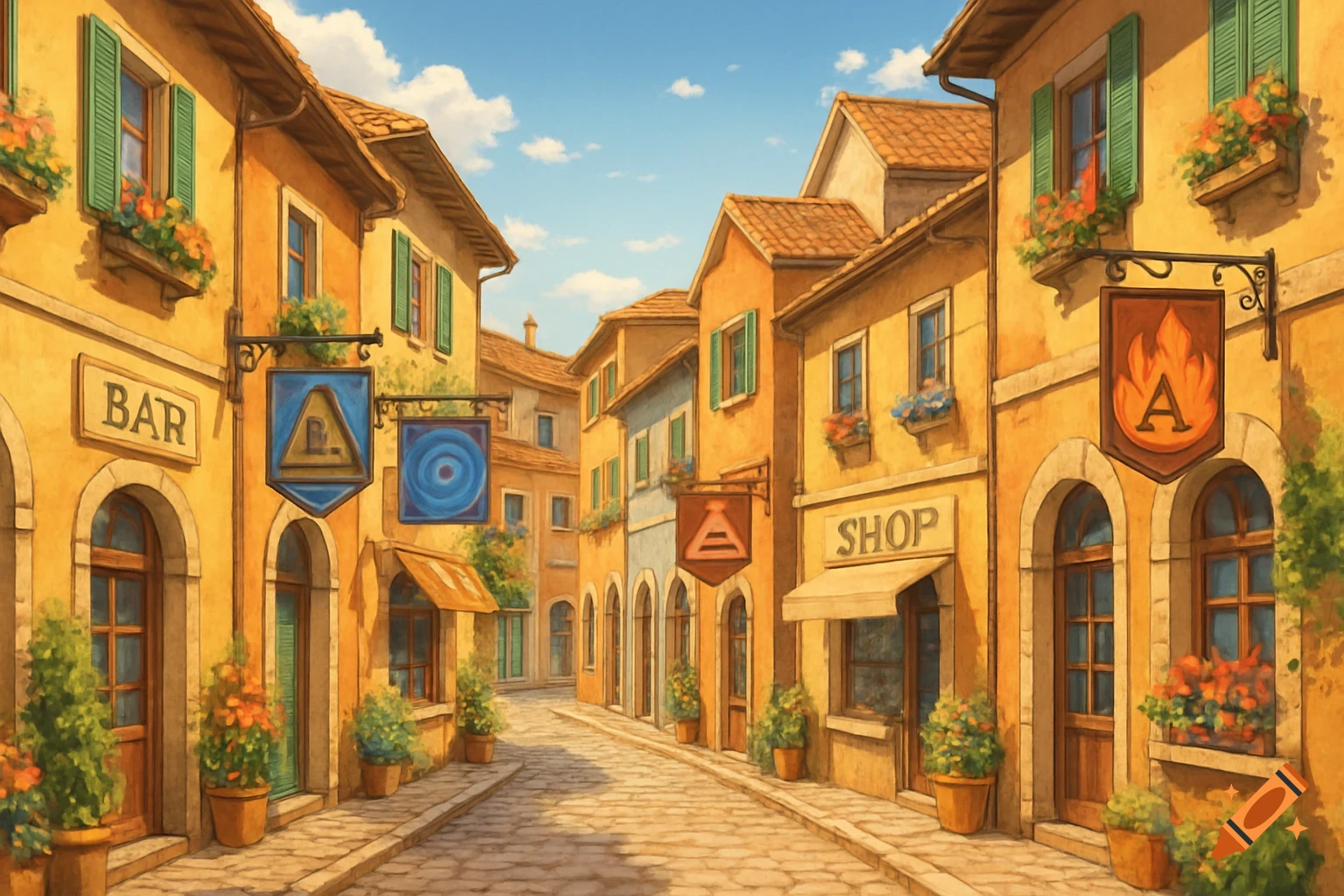 A narrow, sunlit street in a charming Italian town with yellow buildings, green shutters, and flower boxes in a modern anime style.