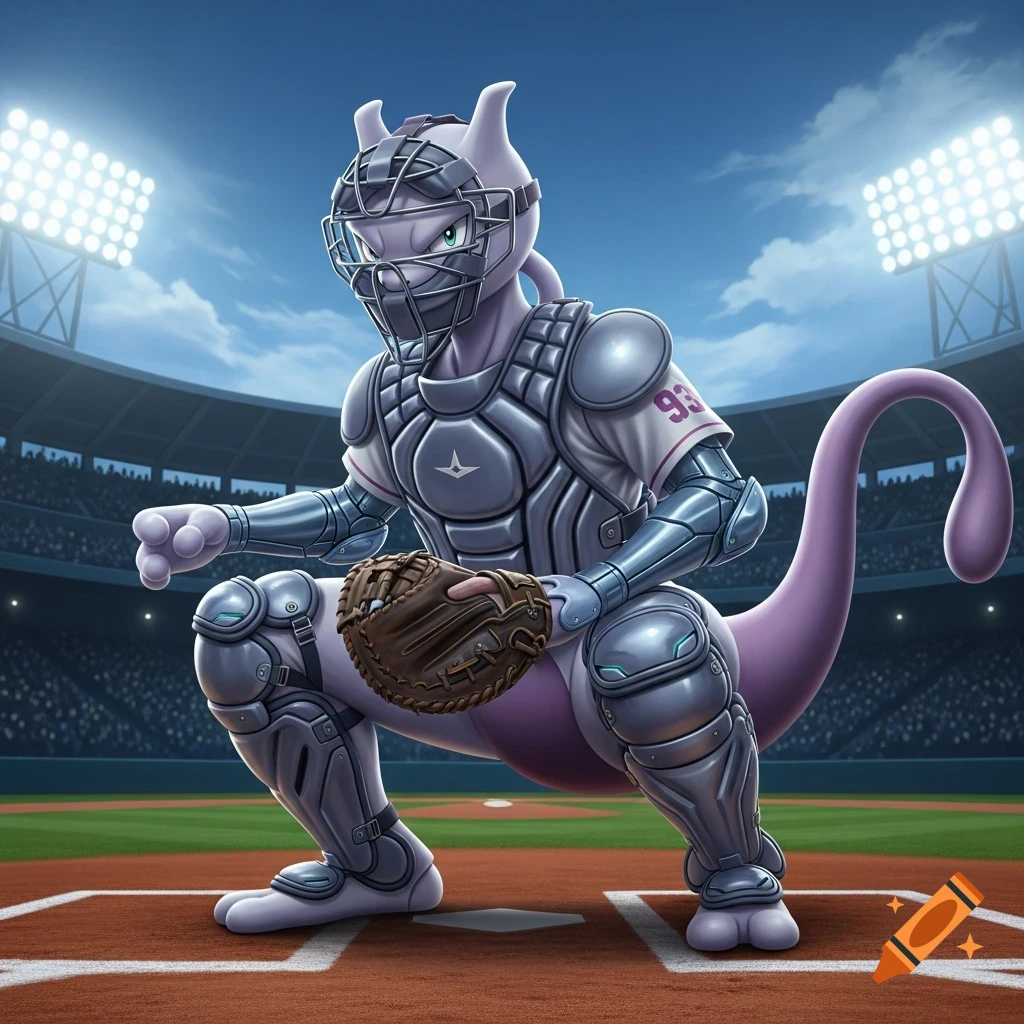 Mewtwo, a purple Pokemon, wearing a baseball catcher's mask and gear, squats on a baseball field behind home plate.