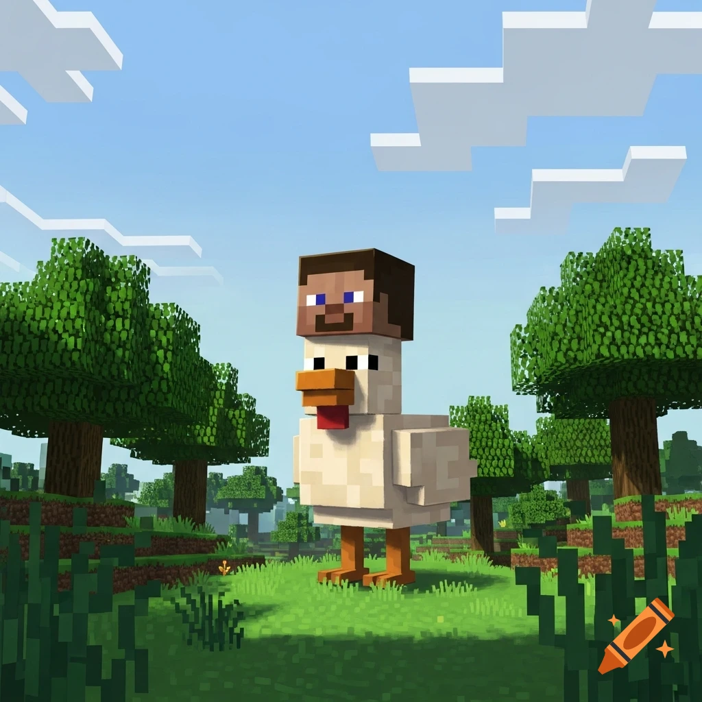 A blocky Minecraft chicken with a Minecraft Steve head standing in a grassy field with trees and blocky clouds.