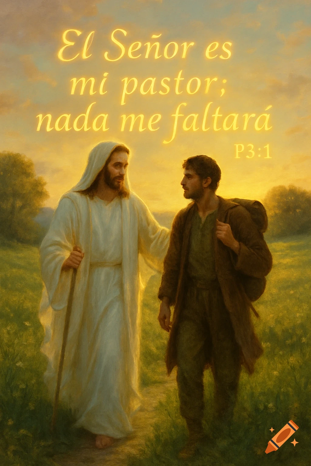 Jesus and another man walk through a grassy field at sunset, with a glowing Spanish biblical quote in the sky.