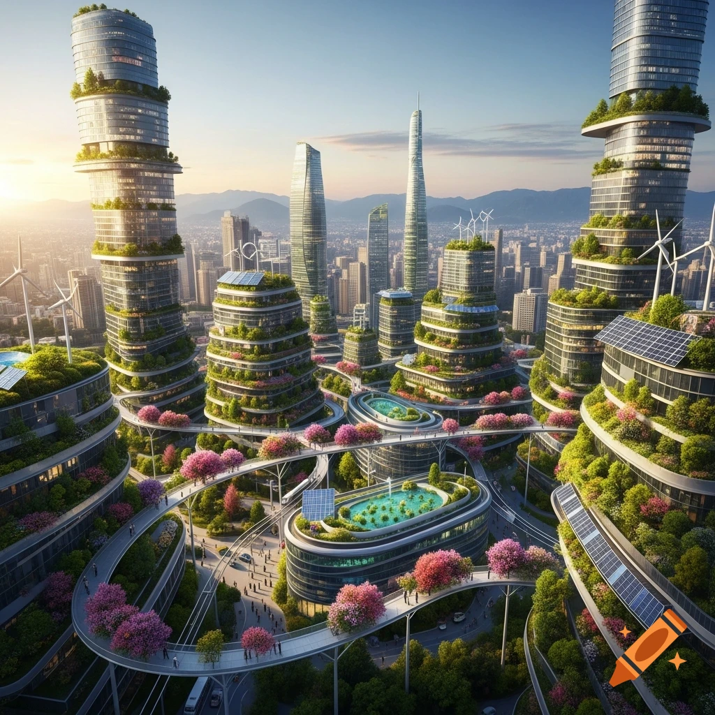 A breathtaking aerial view of a vibrant, futuristic green city with lush terraced buildings, skywalks, wind turbines, and solar panels under a clear sky.