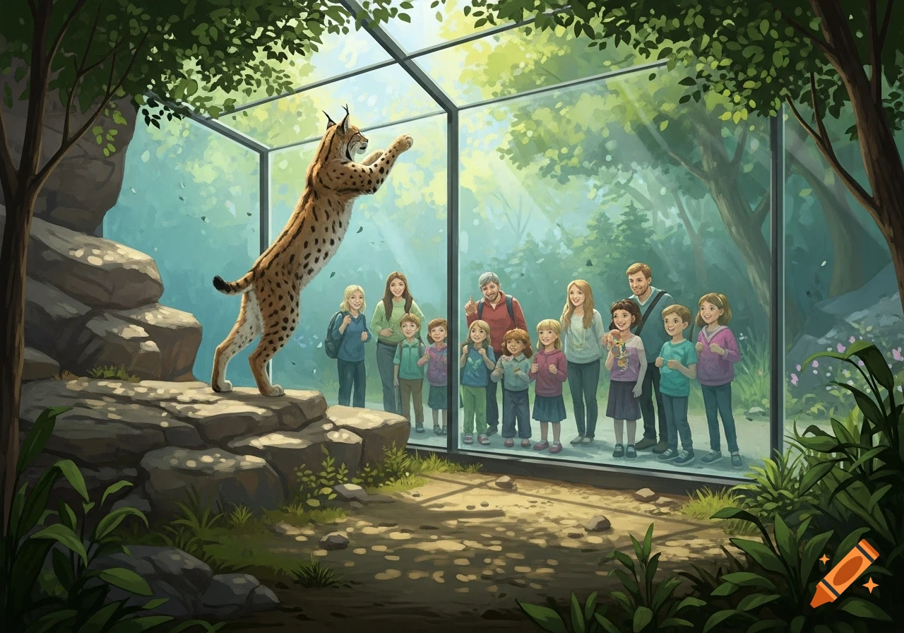 An illustrated scene of a lynx jumping against a glass enclosure as families watch at a zoo.