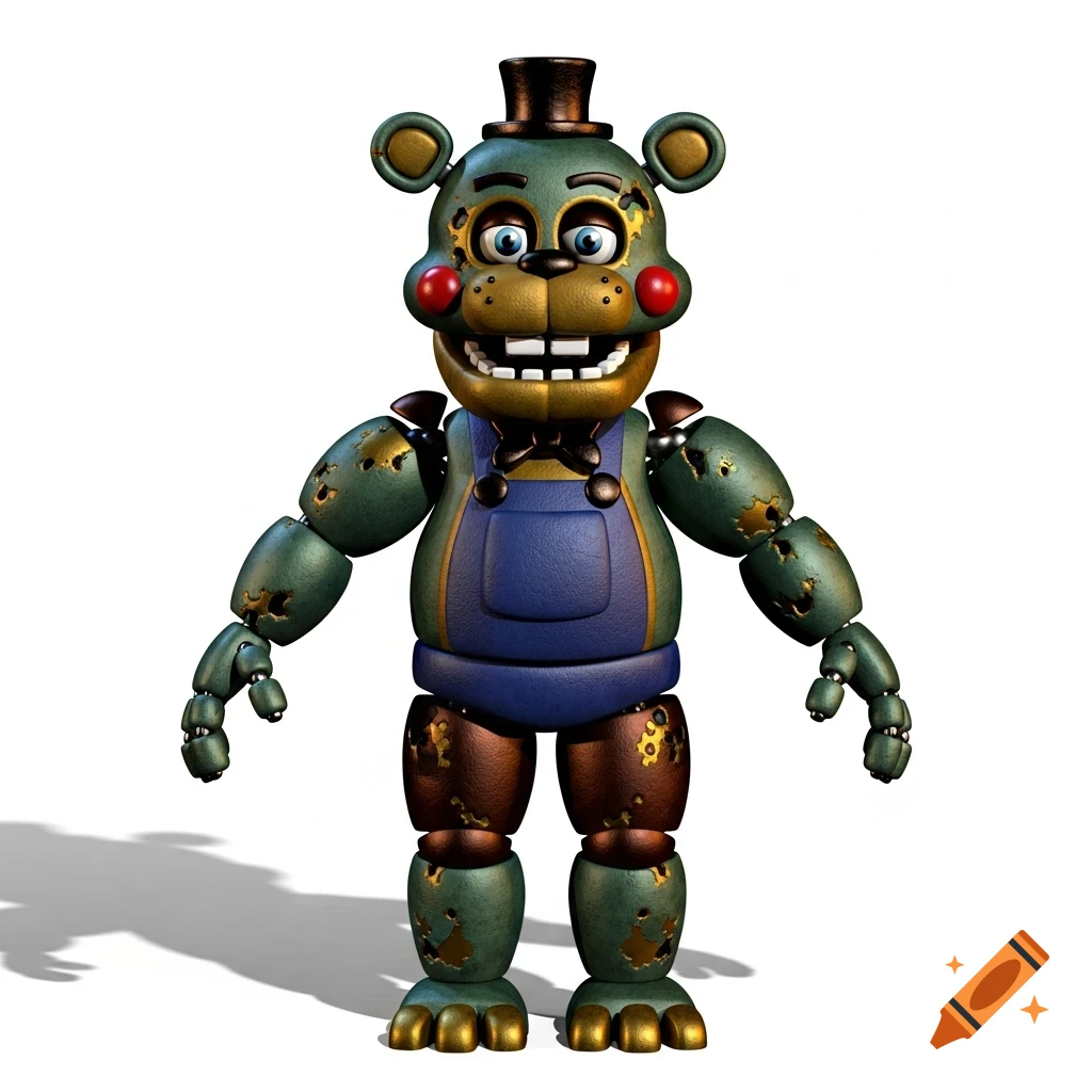 A full-body 3D render of a weathered green and gold animatronic gopher wearing blue overalls and a black top hat, on a white background.