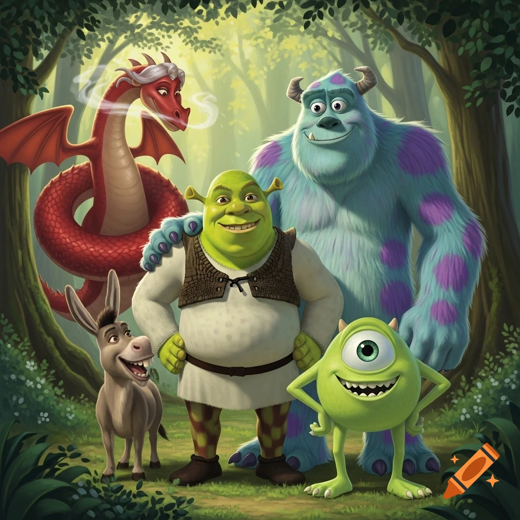 Shrek, Donkey, a red dragon, Mike Wazowski, and Sully stand together smiling in a vibrant, sunlit forest.