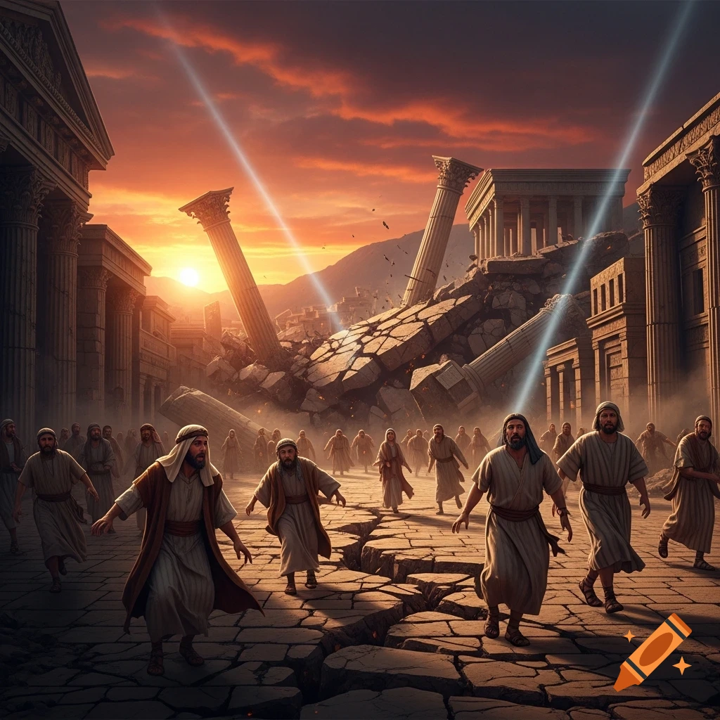 People in biblical robes flee an earthquake amidst collapsing ancient structures, cracked ground, and a dramatic sunset sky.