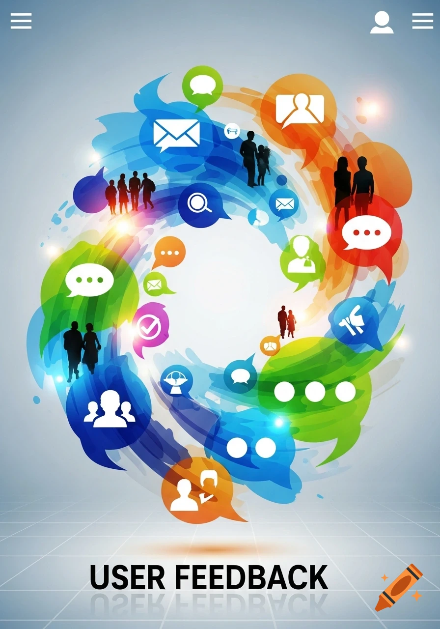 A colorful abstract graphic illustrating user feedback, with a swirling array of communication icons and human silhouettes around the text "USER FEEDBACK".