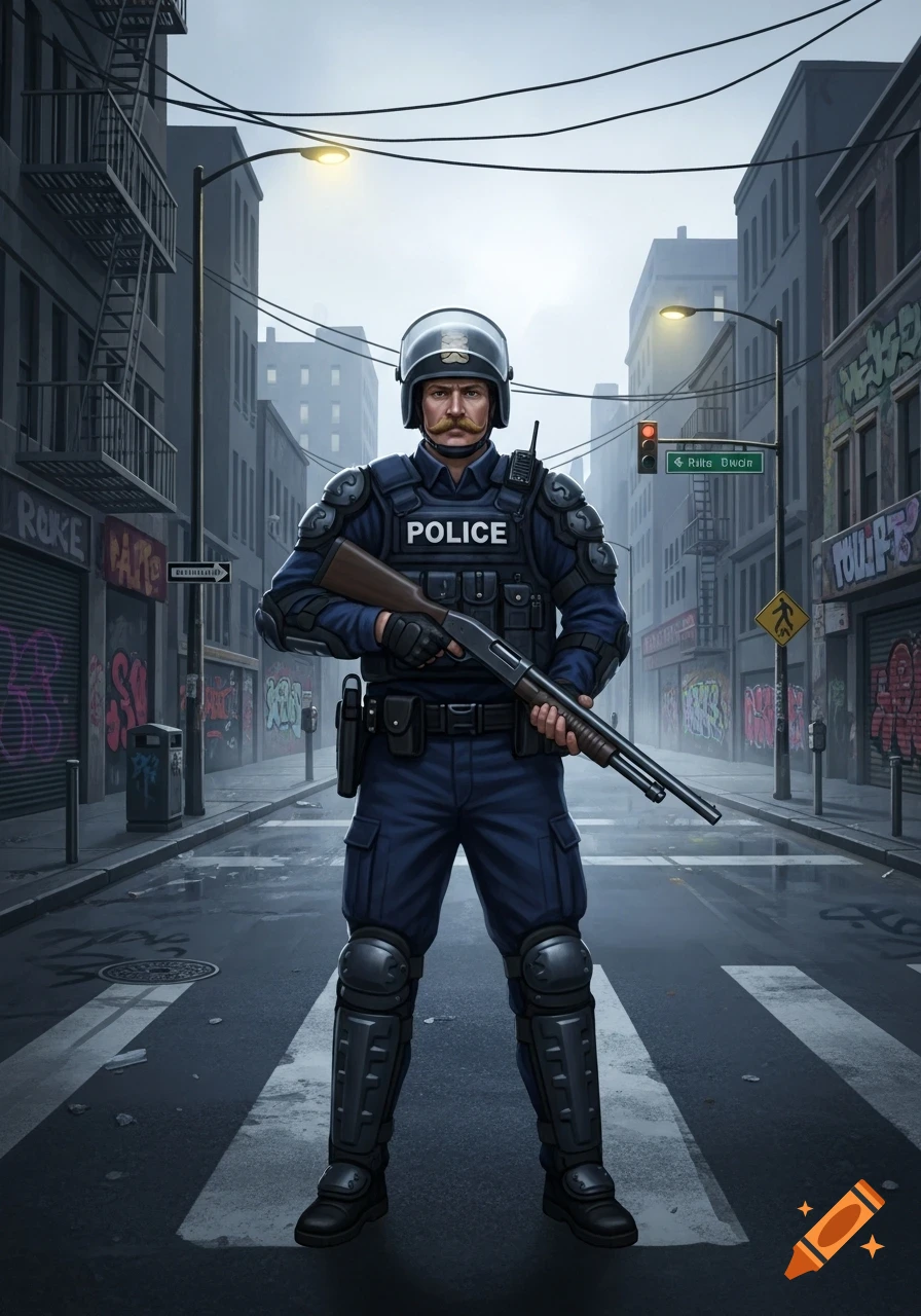 An illustration of a riot police officer with a mustache and helmet, holding a shotgun in a gritty city street with graffiti.