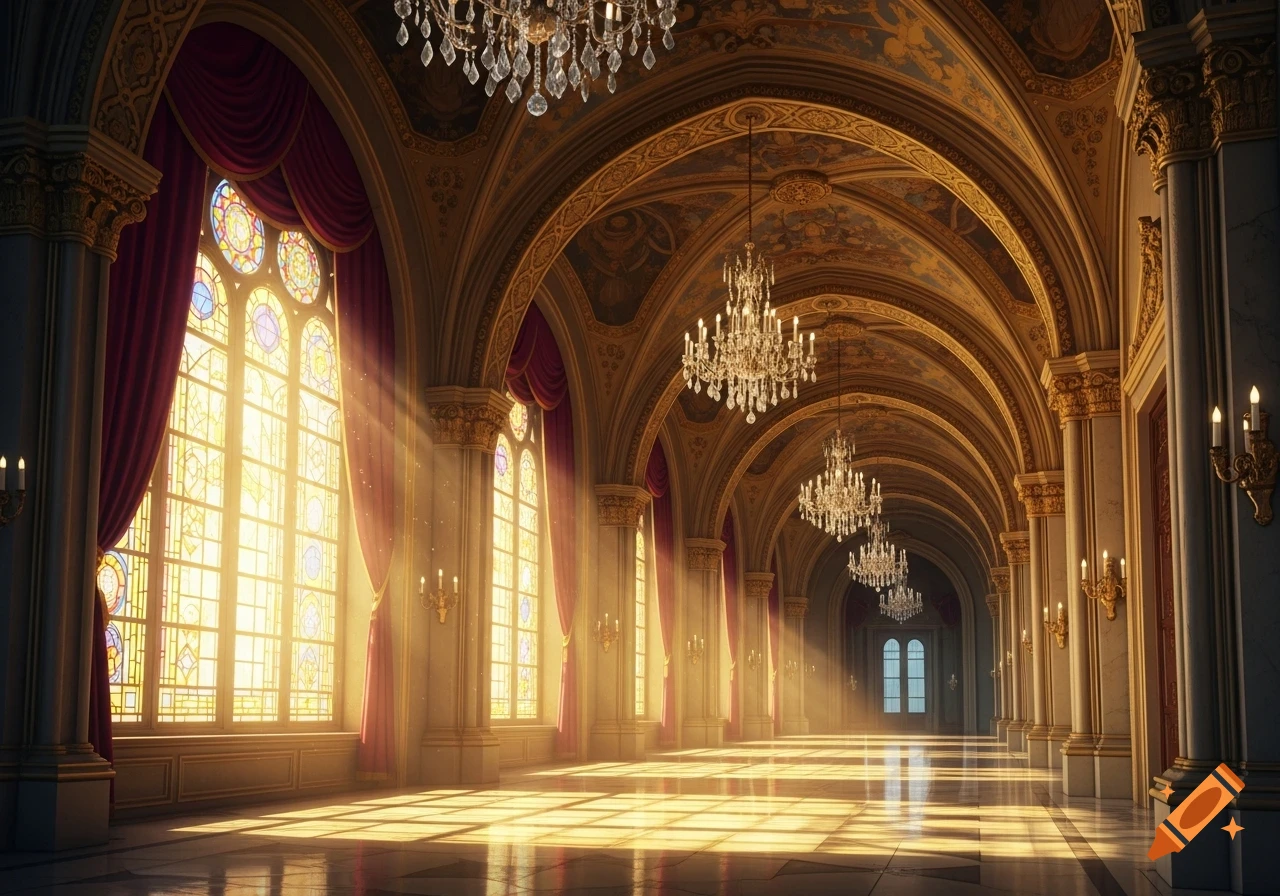 A sunlit, ornate arched palace hallway with stained-glass windows, chandeliers, and gilded decorations.