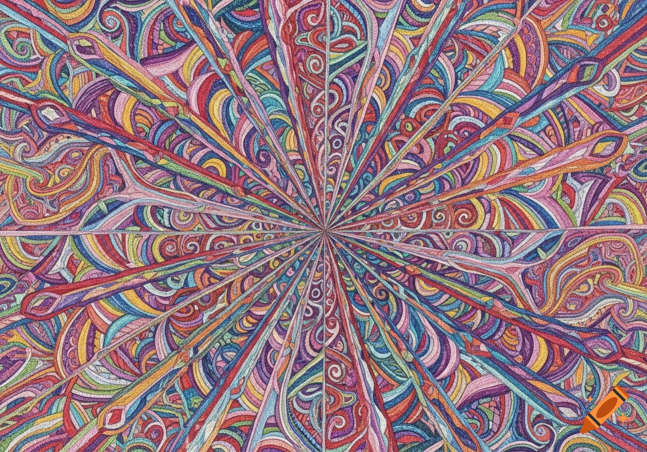 Vibrant, intricate needlepoint pattern with colorful swirling designs radiating from a central point.