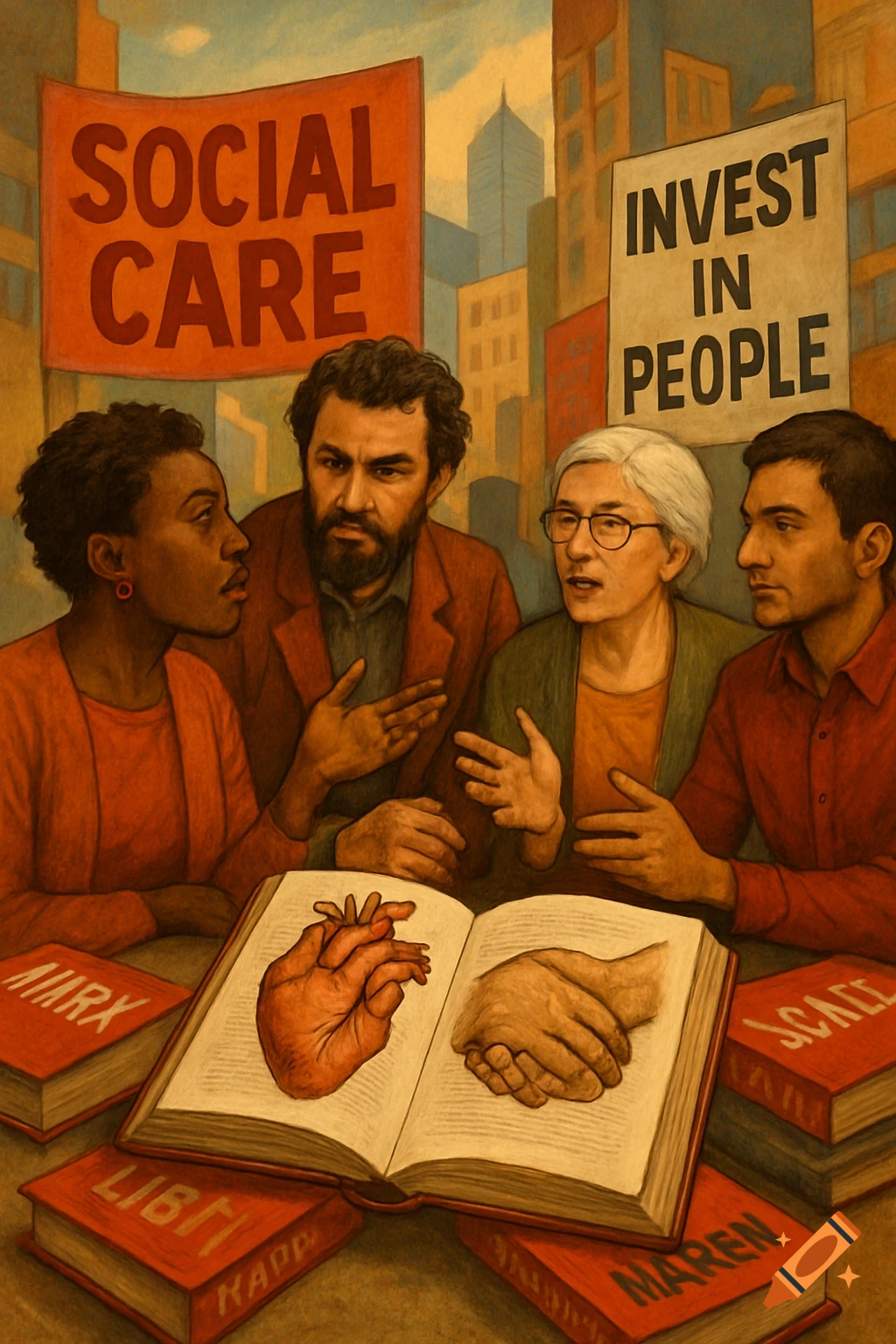 An illustration of four diverse people discussing around a table with books, under banners reading "SOCIAL CARE" and "INVEST IN PEOPLE". An open book on the table shows a human heart and a handshake.