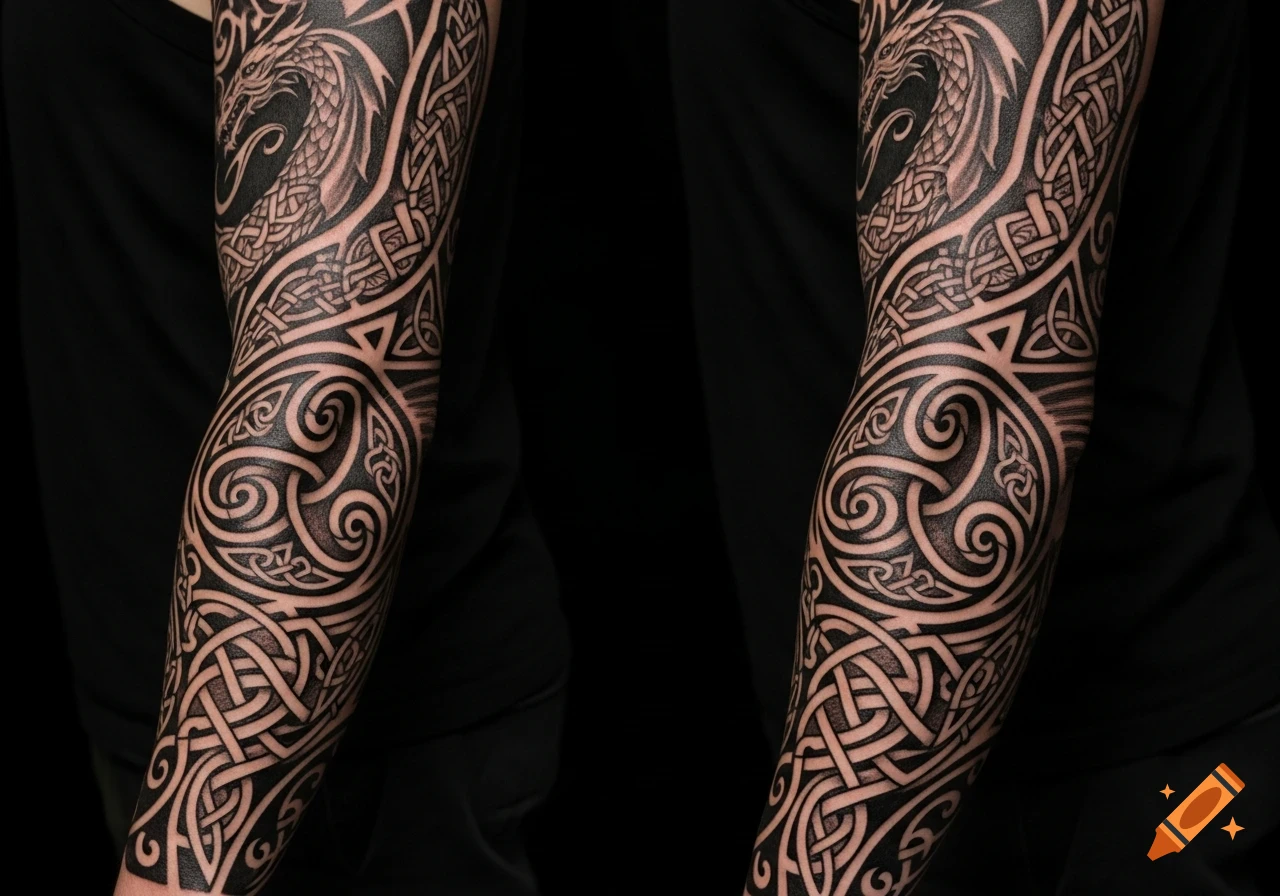 Close-up of arms with intricate black Celtic knot and dragon sleeve tattoos.