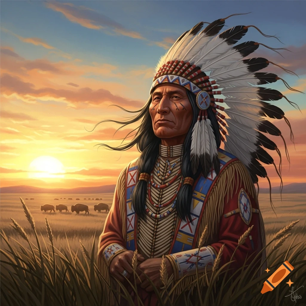 A proud Native American man in a feathered headdress and traditional attire stands in a grassy field at sunset, with buffalo in the background.