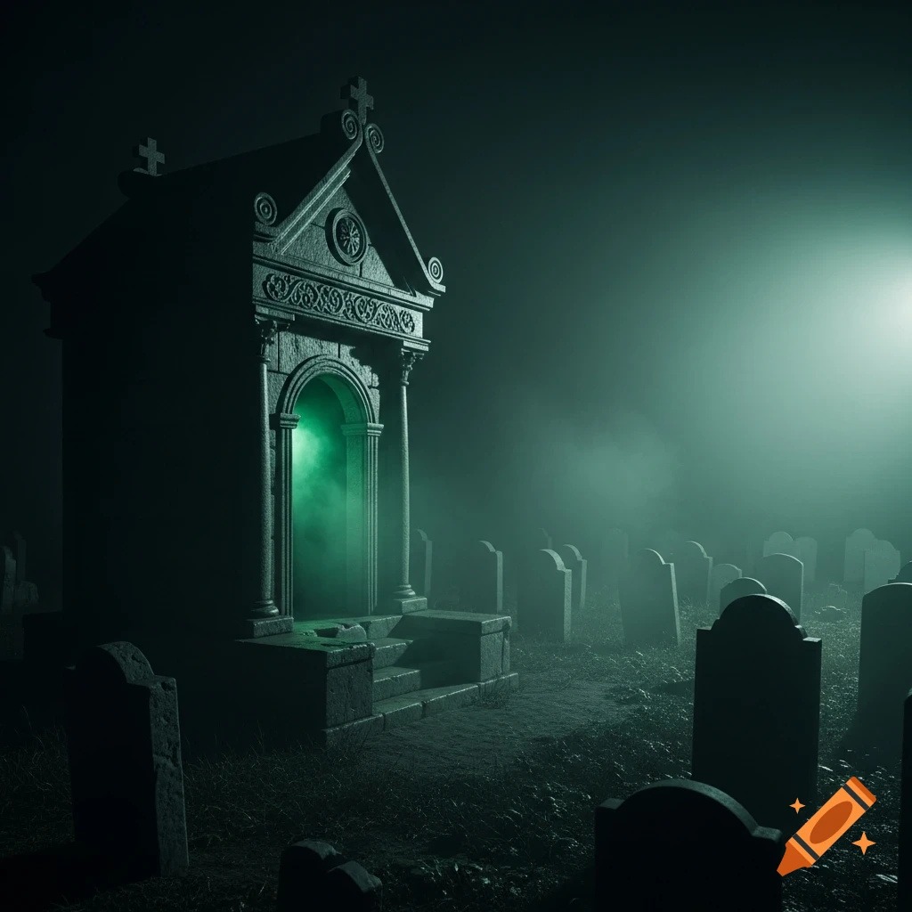 An old, ornate mausoleum glows with green light in a foggy, eerie graveyard at night, surrounded by tombstones.