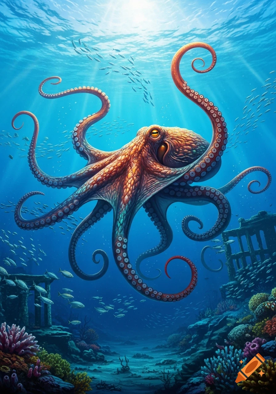 Vibrant illustration of a giant octopus swimming in clear blue ocean water with fish, coral, and ancient ruins.