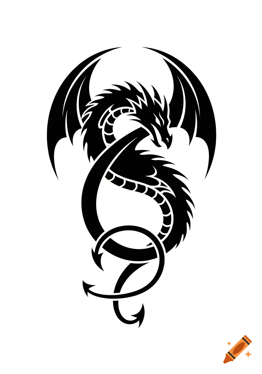 A black tribal tattoo-style silhouette of a sinuous dragon with wings, coiled, against a white background.