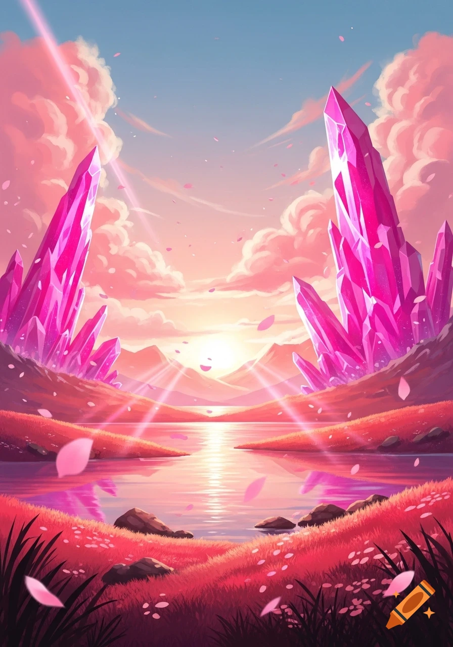 Vibrant pink fantasy landscape at sunset with large crystal formations, a reflective lake, pink clouds, and falling petals.