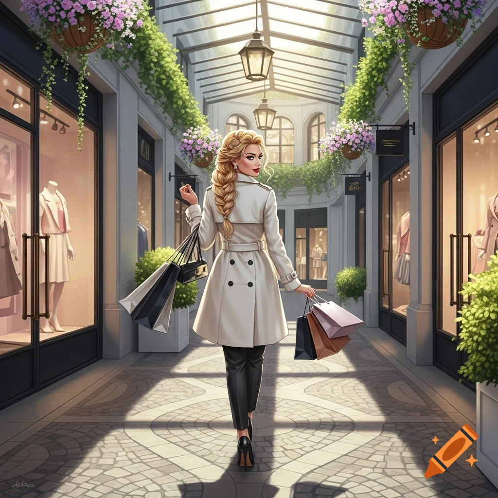 A stylish blonde woman with a long braid, wearing a white trench coat and black pants, walks through an ornate shopping arcade carrying shopping bags. Greenery and flowers hang from the arched glass ceiling.