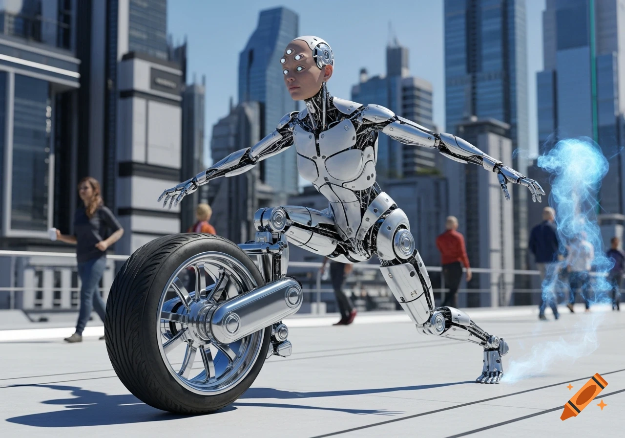 A futuristic humanoid robot with a single wheel instead of legs, six glowing sensors on its head, and metallic limbs, stands in a dynamic pose on a city street. Tall buildings rise in the background under a blue sky, with blurry human figures in the distance. Blue energy trails from the robot's hand and foot.