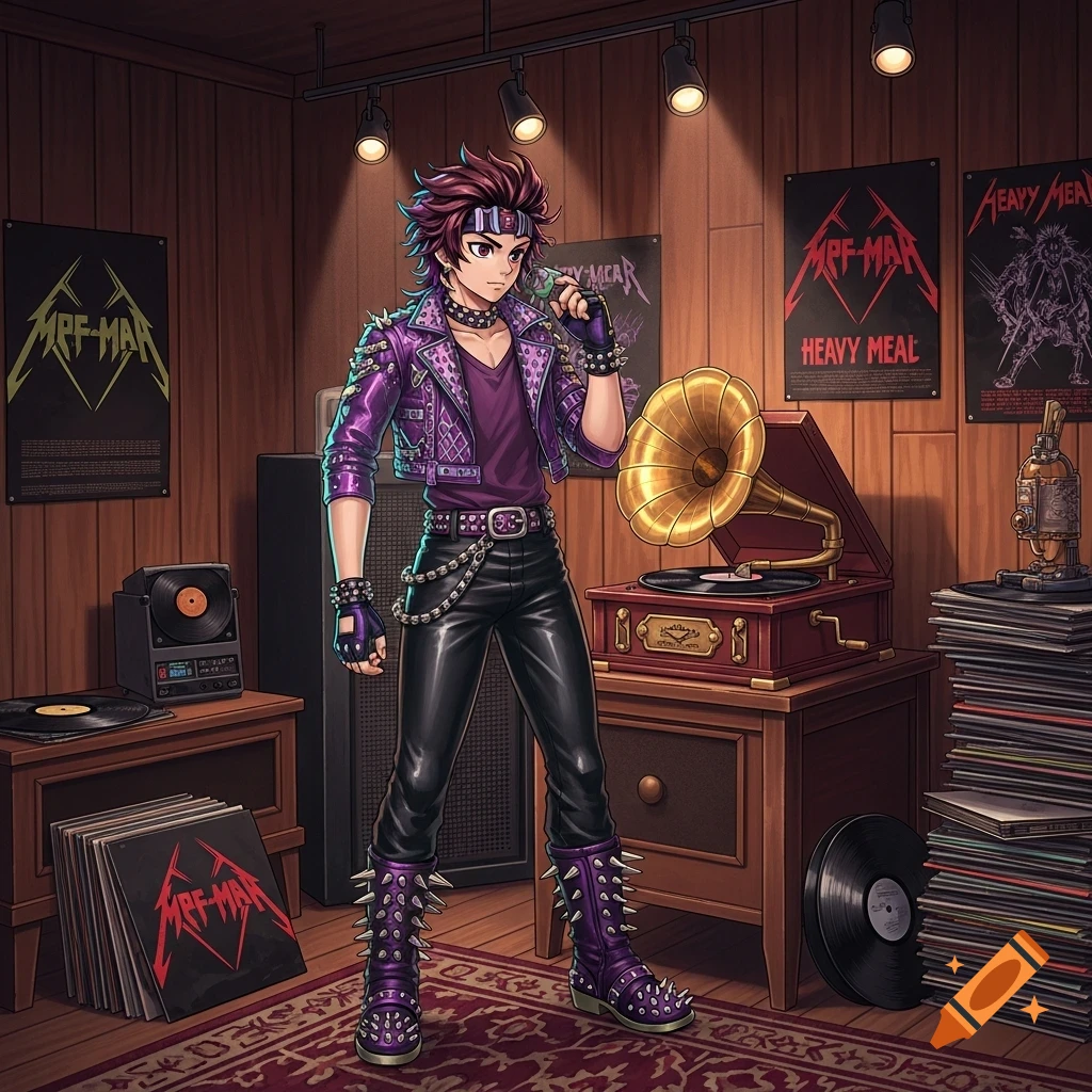 Anime character in a purple hair metal outfit and spiked boots, standing in a wood-paneled room with a gramophone and heavy metal posters.