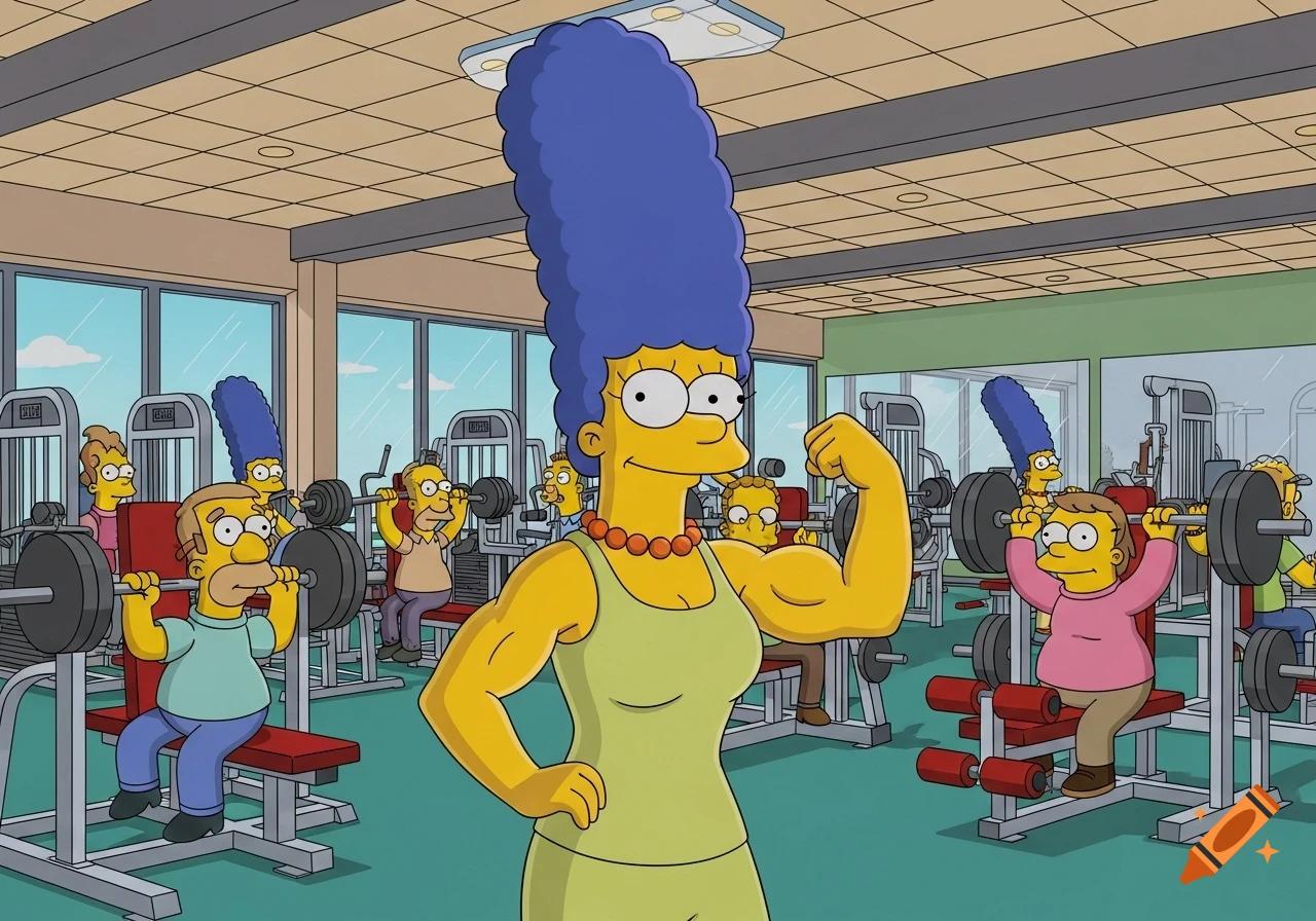 Marge Simpson, with large muscles, flexes in a gym as other Simpsons characters work out. Cartoon style.
