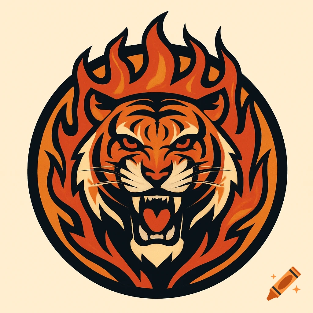 A stylized round emblem featuring an angry tiger's head engulfed in orange and black flames.