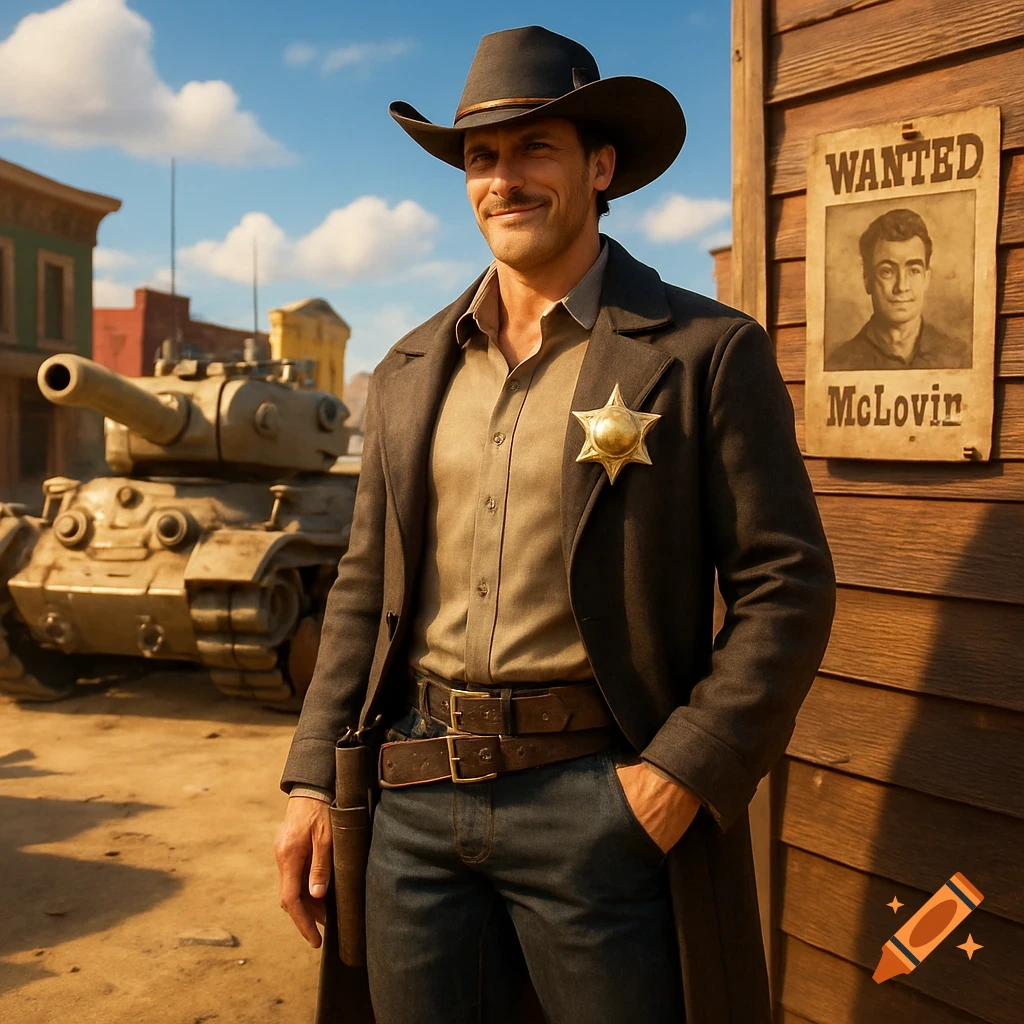 Smiling cowboy sheriff with a badge stands in a sunny Wild West town with a tank and a 'WANTED McLovin' poster.