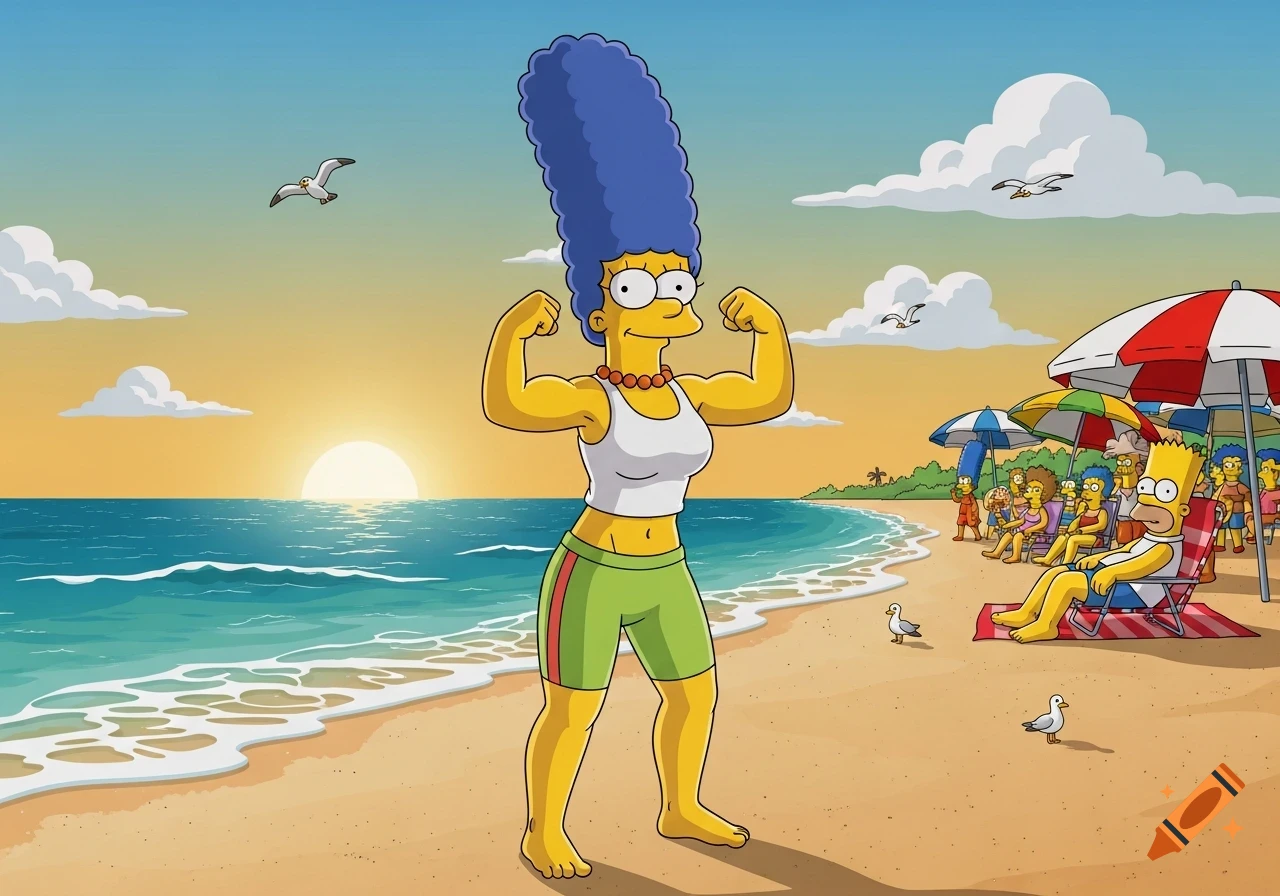 Cartoon Marge Simpson flexes her biceps at a sunny beach with a sunset, as Bart and other characters relax under umbrellas.
