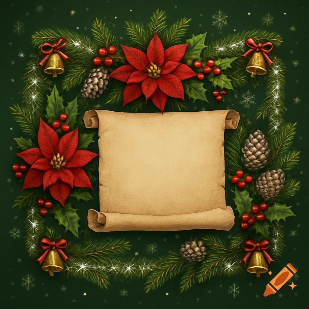A festive Christmas wreath surrounds a blank, unfurled scroll, featuring red poinsettias, pinecones, jingle bells, and berries against a dark green background.