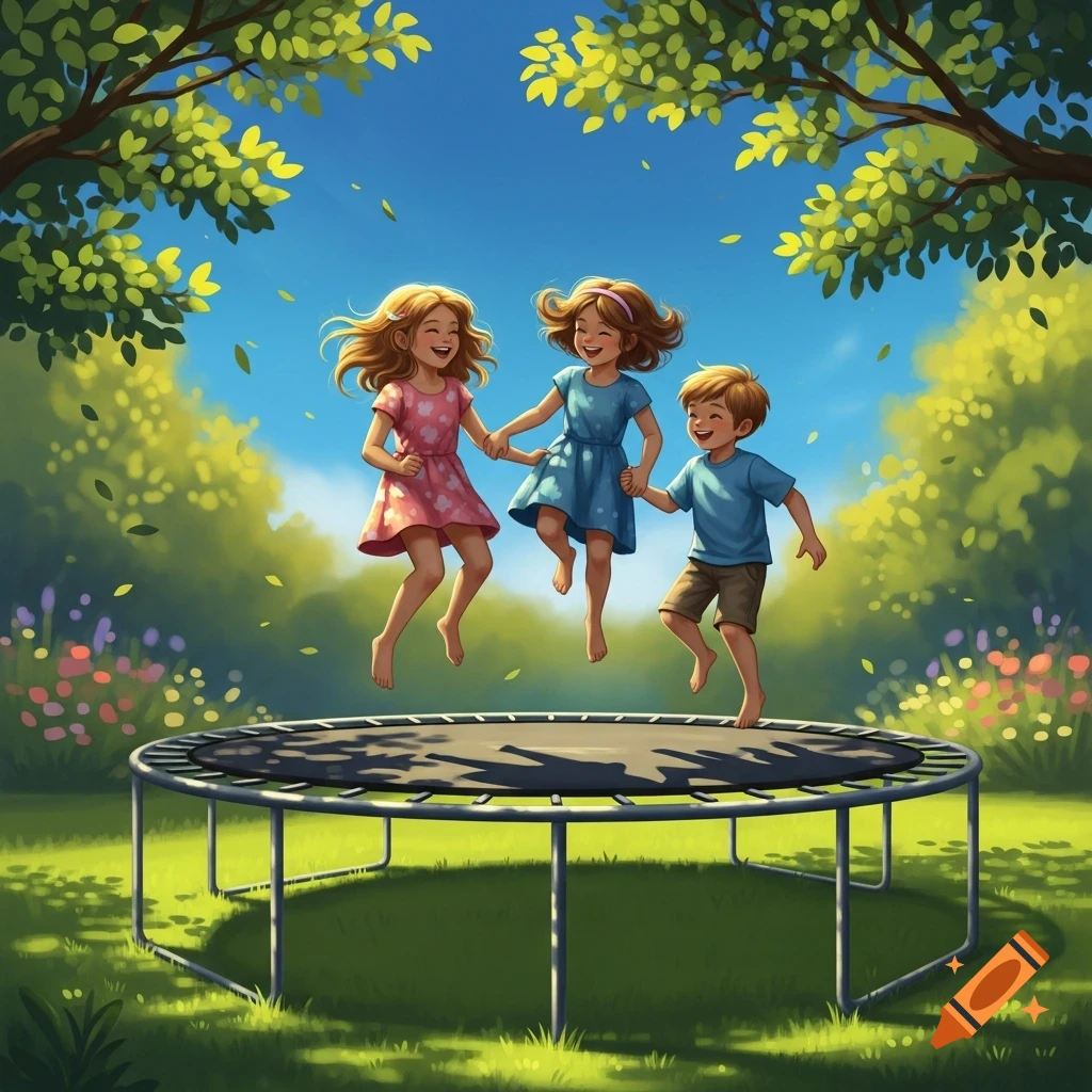 Two girls and a boy joyfully jumping on a trampoline in a sunny park with green trees and flowers, in an illustrative style.