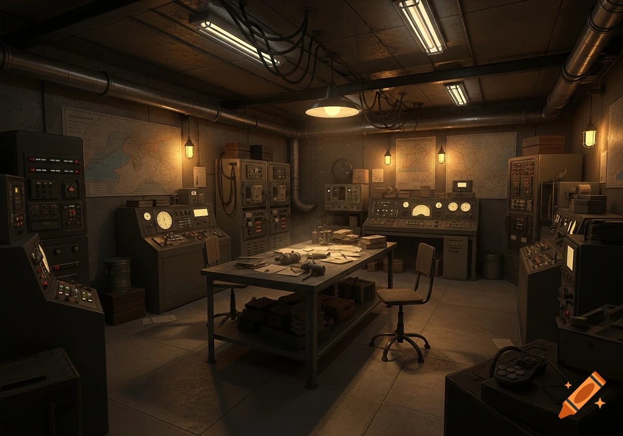Dark, atmospheric underground bunker control room with vintage electronic equipment, wall maps, and a central table.