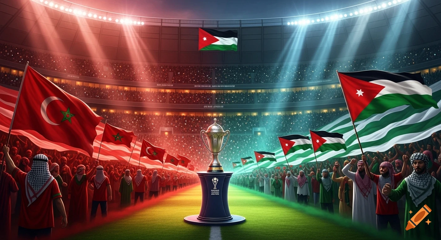 A packed stadium under red and blue lights, with a trophy at the center. Crowds wave flags, one side red, the other black, white, and green.