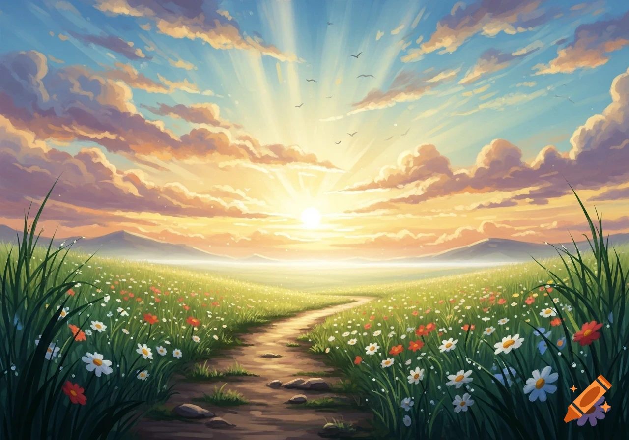 Stylized painting of a bright sunrise over a field of colorful wildflowers with a winding dirt path.