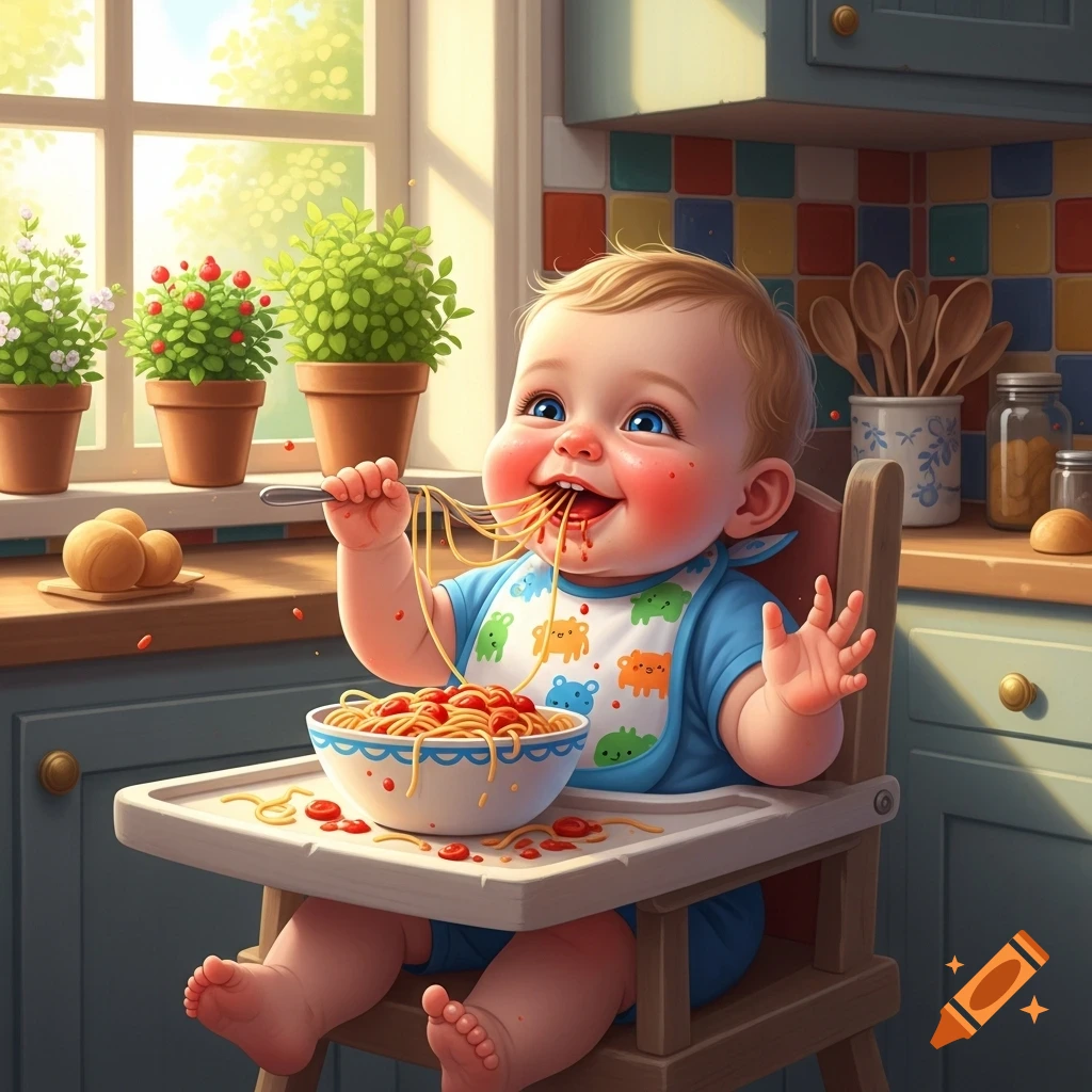 A cheerful baby in a high chair happily eats spaghetti with a fork in a bright kitchen, making a mess.