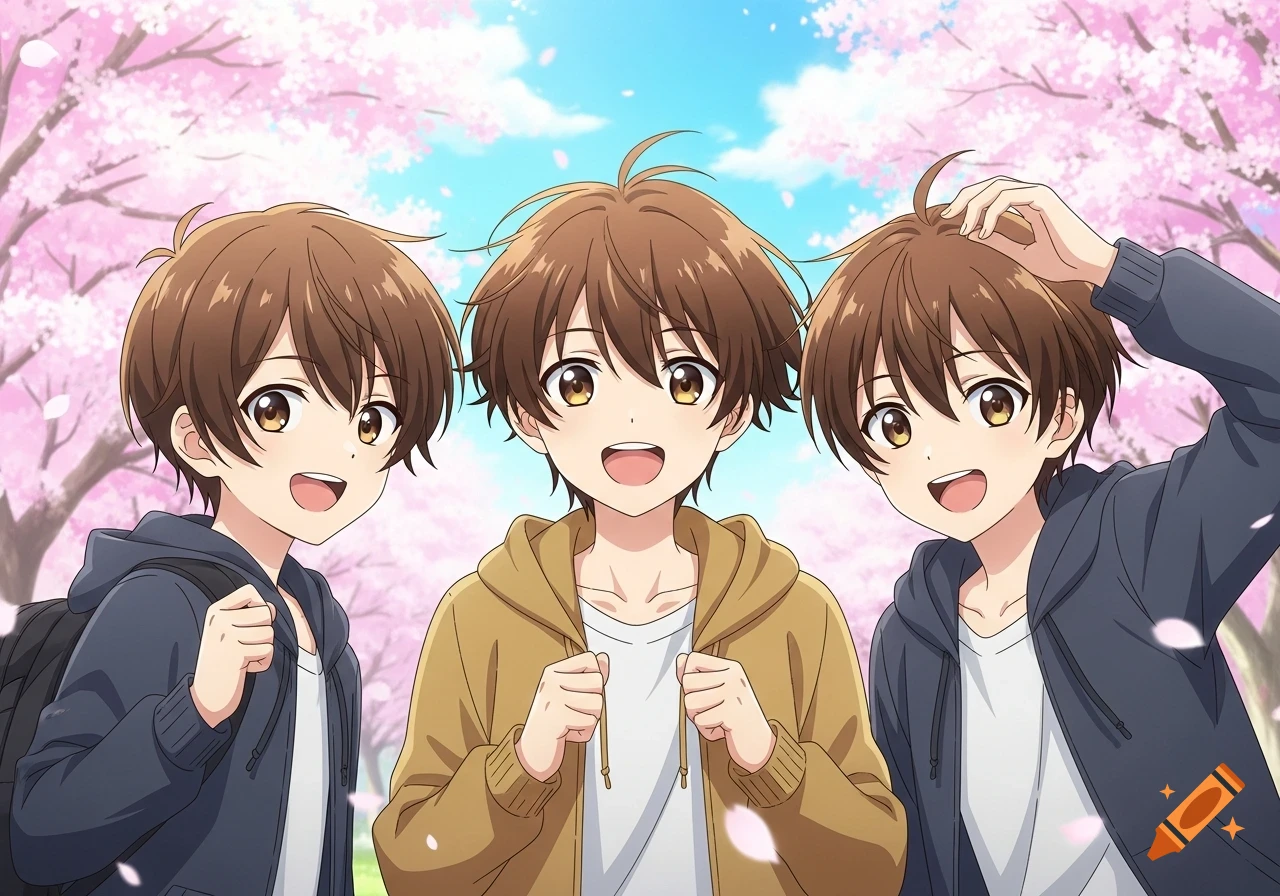 Three cheerful anime boys with brown hair pose among pink cherry blossoms under a blue sky.